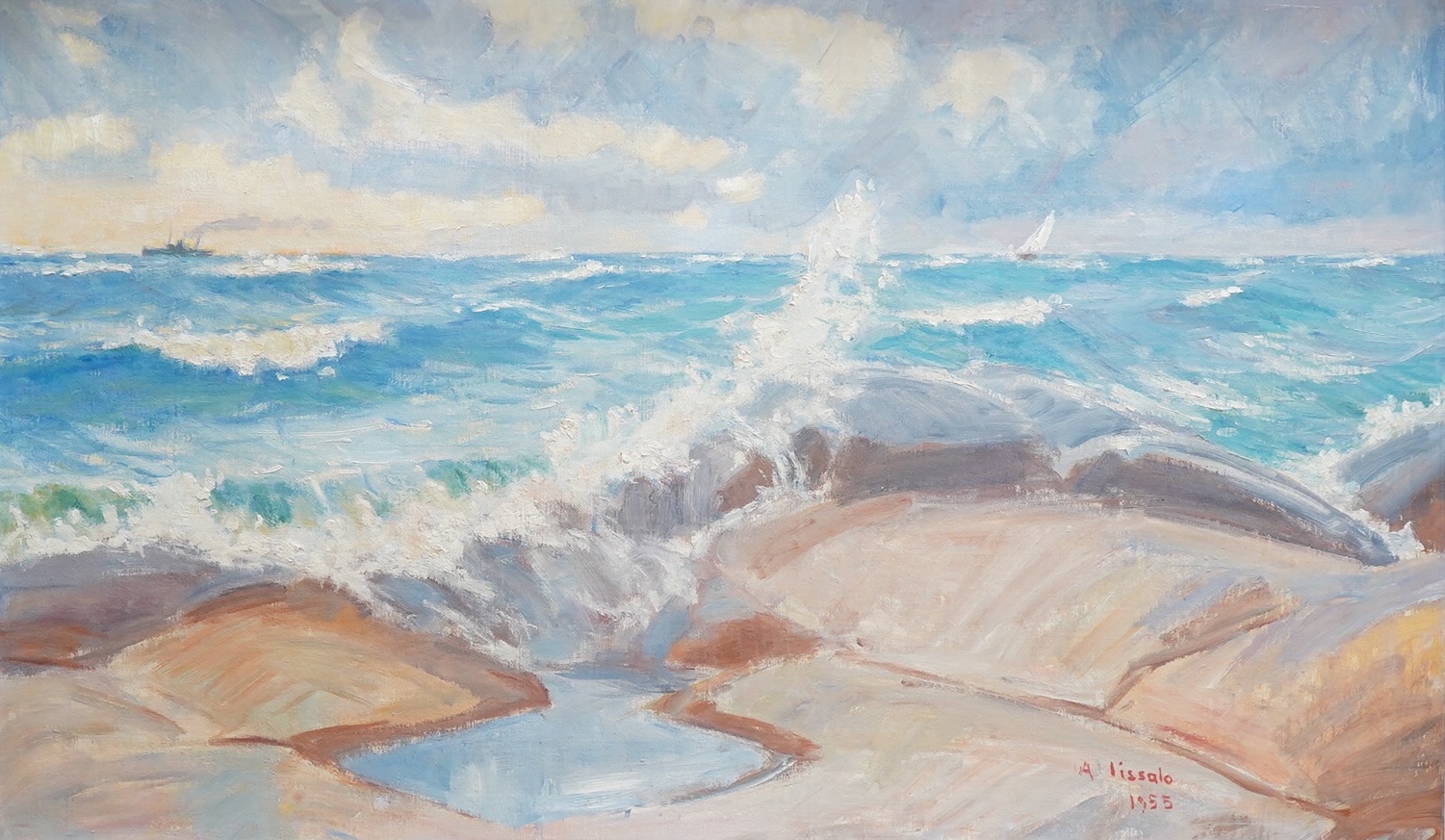 A. Lissalo (20th. C), Seascape, signed and dated 1955, with plaque to the frame, oil on board, 58 x 99cm